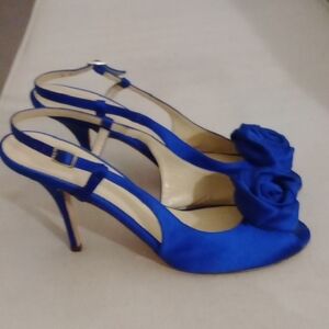 Royal Blue Slingback Heels with Peep-Toe and Floral Detail 9M